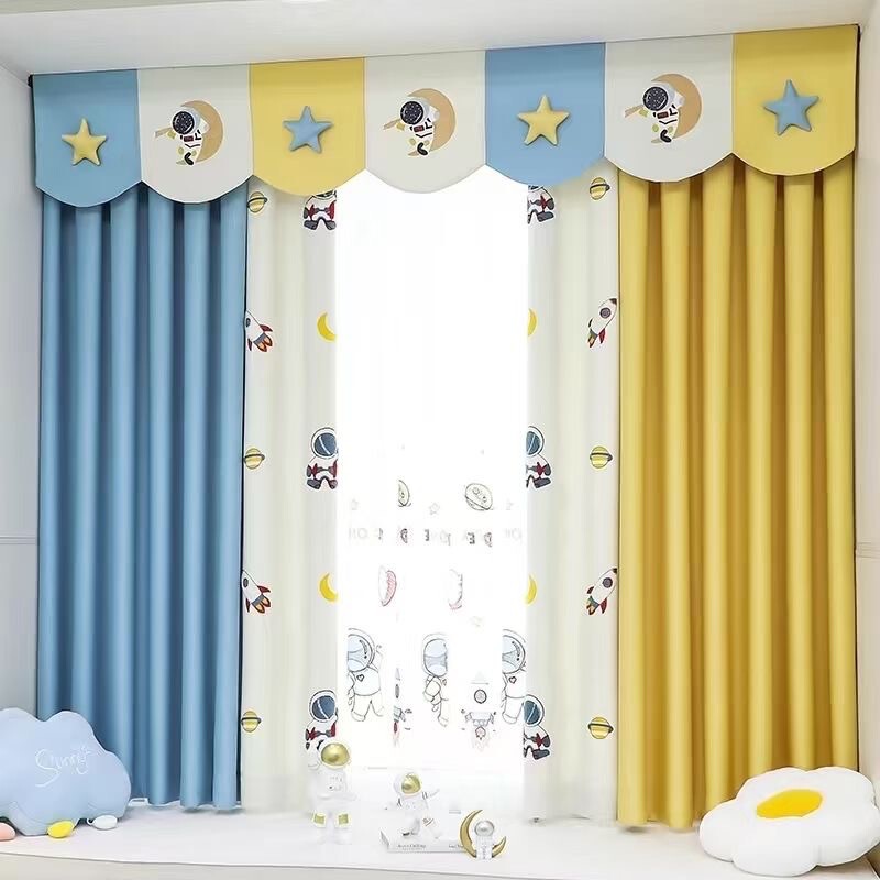 Cartoon Children's Room Embroidered Cotton and Linen Textured Curtain Rocket Astronaut Window Screen Boy's Room Bay Window Tatami Finished Product