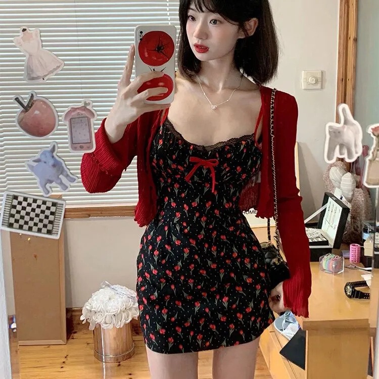 Olanshi French Style Sweet Hot Girl Tight Waist Sling dress Women's Cardigan Jacket suit Women's Floral Hip Skirt Olanshi French Style Sweet Hot Girl Tight Waist Sling dress Women's Cardigan Jacket suit Women's Floral Hip Skirt