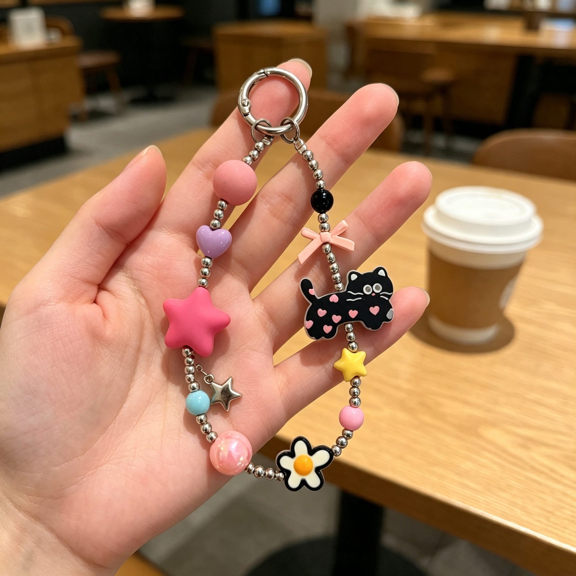 Ins dopamine five-pointed star cute polka dot heart cat phone pendant bag car key chain hanging accessory