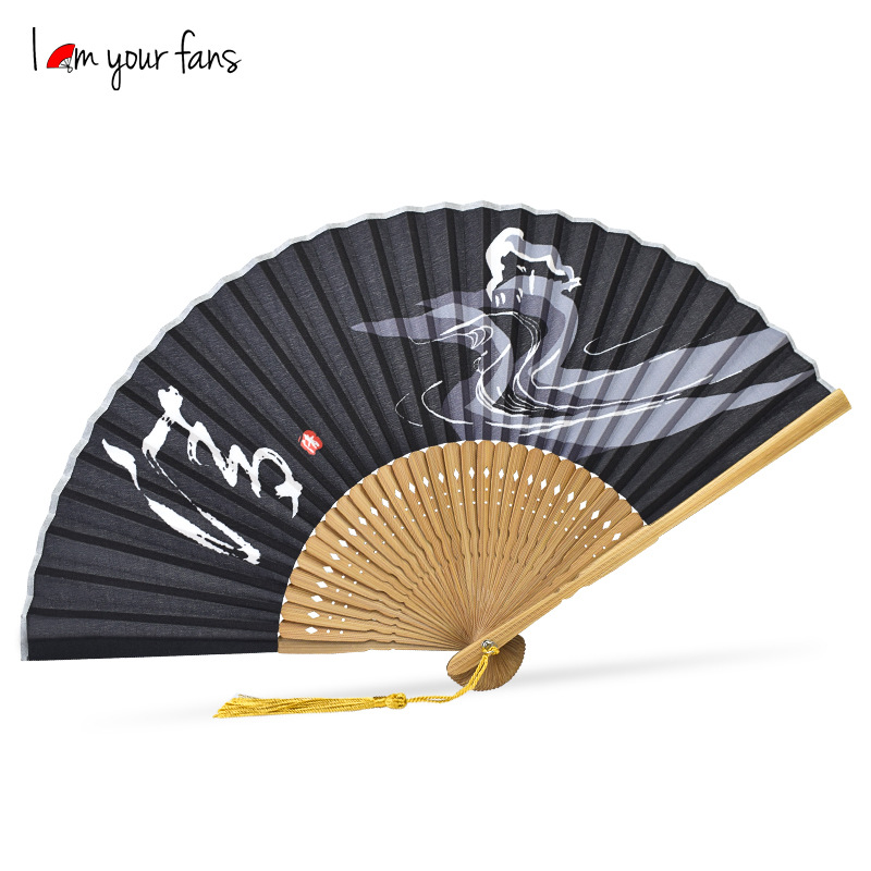 Estilo japonés ventilador plegable estilo chino Zen bambú mango kimono ventilador poliéster algodón ventilador libélula tinta concepción artística vacía fresco