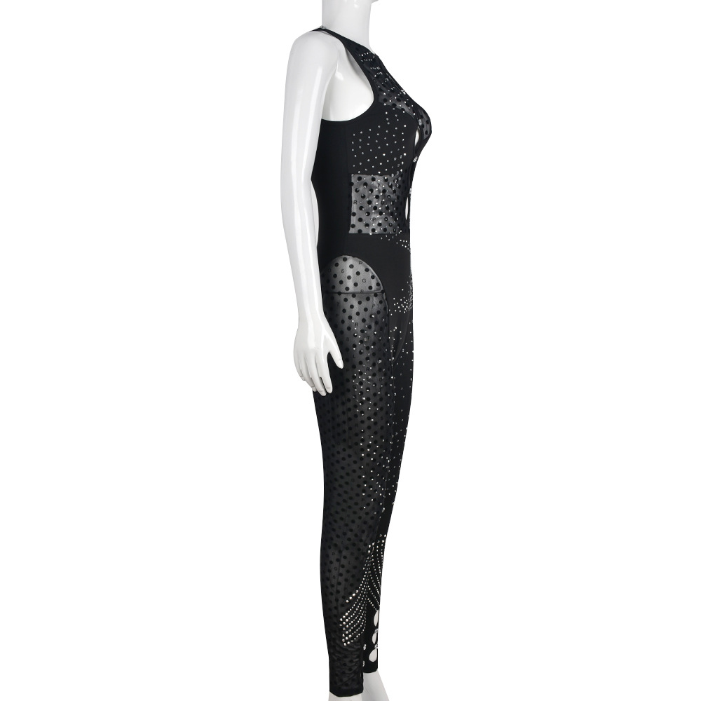Women Sleeveless Mesh Rhinestone Zipper Hollow Out Cutout Crew Neck Flocking Jumpsuit
