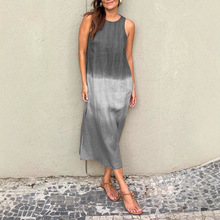 亚马逊2025跨境新款女装欧美夏季女式休闲棉麻无袖开衩渐变连衣裙