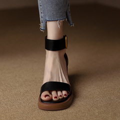 非侈原創 法式復古~真皮防水台一字帶涼鞋女2023夏棕色粗高跟鞋