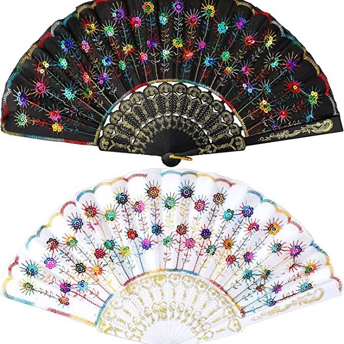 Moda color varilla lentejuelas ventilador Pavo Real cola pluma bordado lentejuelas ventilador 9 colores opcional rojo lentejuelas