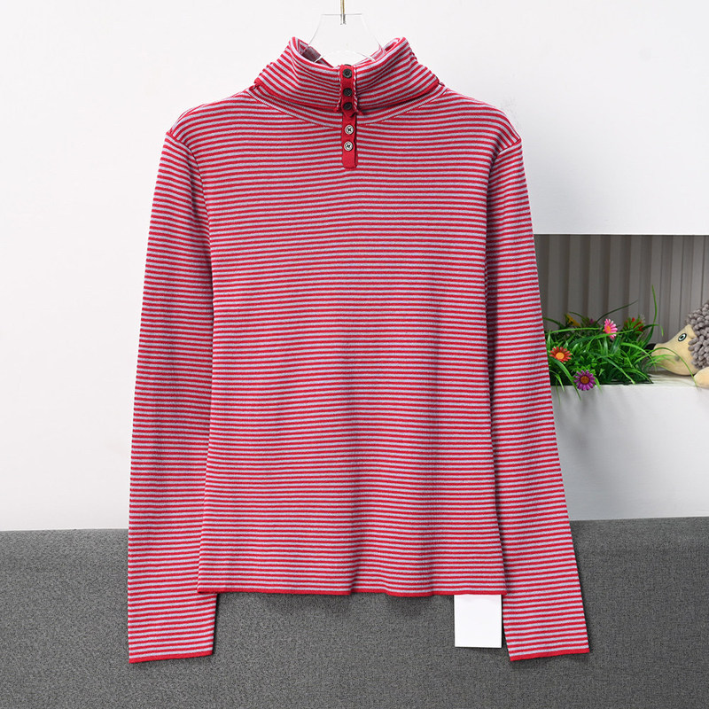 Siki Women's Clothing 269/14 Red Striped High-Neck Knit Sweater with Buttons, Slim-Fit, Figure-Flattering Base Layer Top