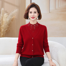 洋气妈妈装100%纯羊毛衫秋冬中老年女装假两件针织毛衣加厚打底衫