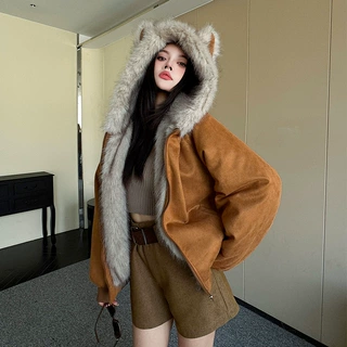 2025秋冬新款麂皮绒猫耳座山雕clesnfit加厚棉衣高级感棉服外套女