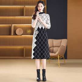 中年妈妈装秋冬洋气内搭打底针织洋气连衣裙女中长款过膝毛衣长裙