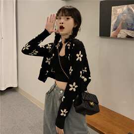 黑色短款长袖针织衫女春装新款韩版复古港味百搭开衫毛衣外套