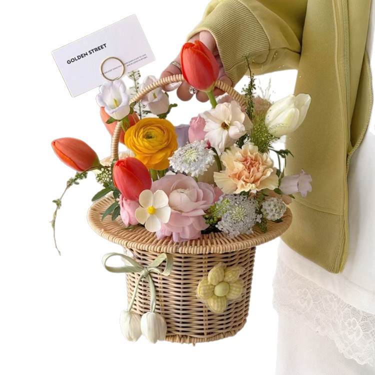 Cesta Portátil de Ratán para Flores de Vid Tejida a Mano para Arreglos Florales