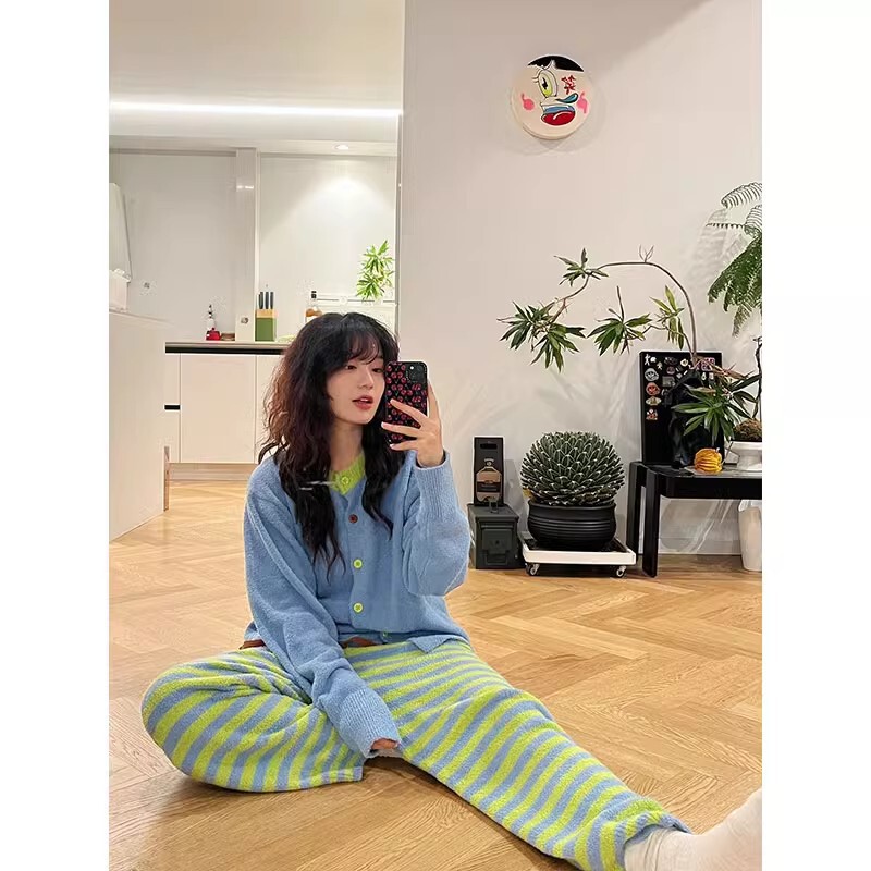秋冬季睡衣女半边绒加厚保暖小香风冬天法兰绒家居服韩版条纹套装|undefined