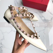 黑色V家铆钉平底鞋2022早春新款尖头绑带真皮浅口百搭柳丁单鞋女