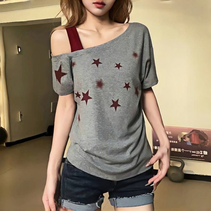 アメリカンスタープリント斜め肩サスペンダー半袖Tシャツレディース夏ニッチホットガールスタイルシックなデザイントップス新しいスタイル|undefined