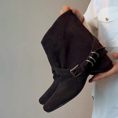 牛皮版~酷帅风显瘦美拉德西部靴女皮带扣内增高磨砂皮裤管靴秋冬