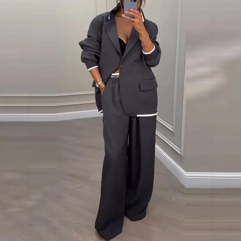 European and American Cross-Border 2025 Autumn and Winter New Women's Clothing Amazon Style Long-Sleeve Jacket Casual Wide-Leg Pants Suit Set