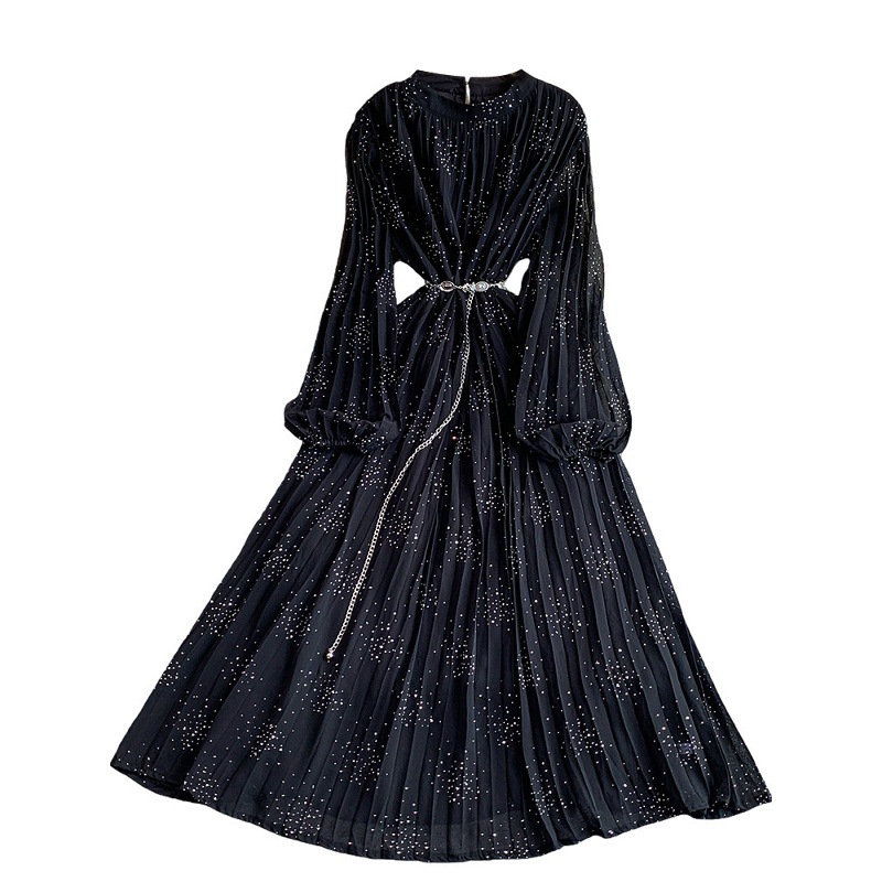 Women's French Style Light Luxury Sparkly Rhinestone round Neck Long Sleeve Dress Summer Slimming Pleated Long Skirt_ecoleips.com