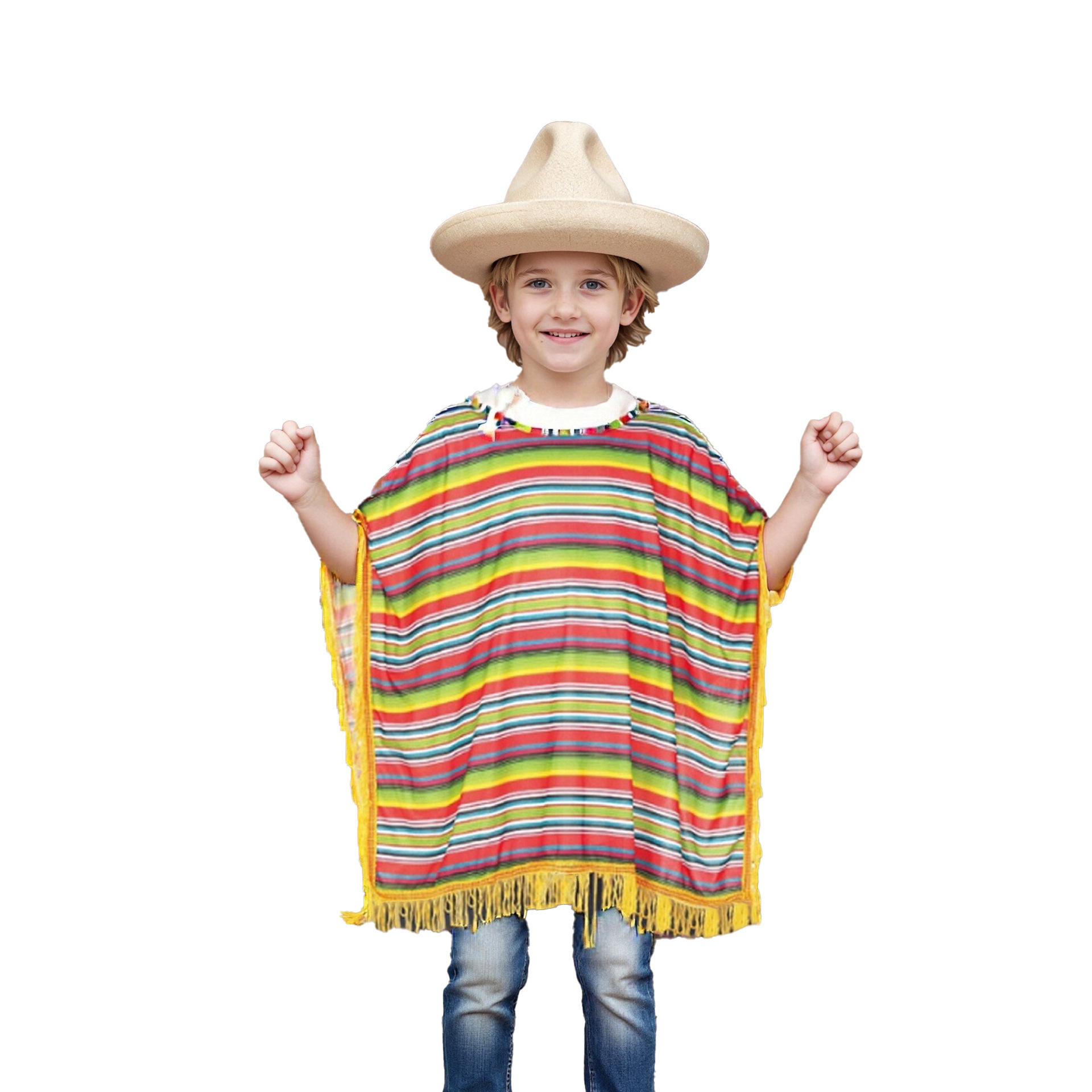 Enthusiastic and Colorful Children's Mexican Striped Cape with Tassel Decoration for Carnival Party Costume Cosplay Outfit