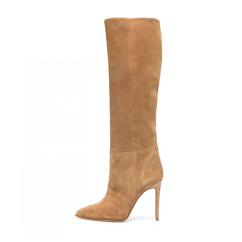 European and American Cross-Border Trade High-Heeled Suede Knee-High Boots Slip-On Style Large Size 47 High-Tube Straight Women's Boots European and American Cross-Border Trade High-Heeled Suede Knee-High Boots Slip-On Style Large Size 47 High-Tube Straight Women's Boots