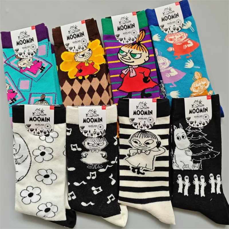 Nordic Moomin Cartoon Pattern Forest-Style Artistic Women's Mid-High Tube Trendy Socks Wholesale Handmade Seamless Toe