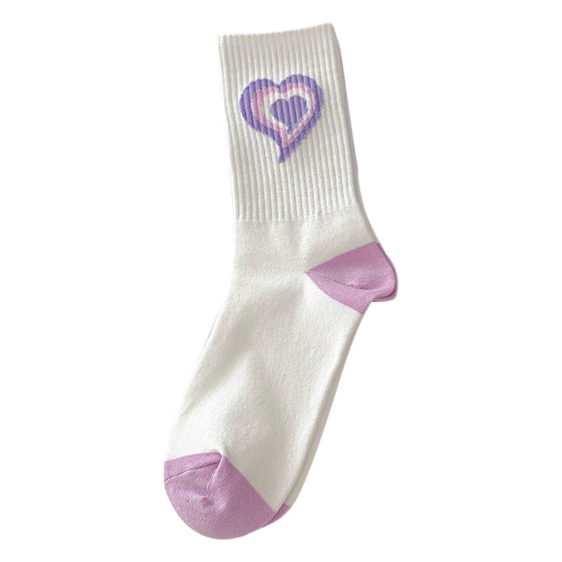 Calcetines de amor púrpura calcetines de media pantorrilla de alta apariencia para mujer de primavera y verano con letras de dibujos animados de moda estilo universitario calcetines de algodón