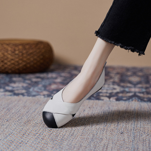 Women's Shoes Spring and Summer  New Granny Shoes Women's Flat Cross Retro Shallow Mouth Maternity Shoes Single Shoes Color Matching Mom's Shoes