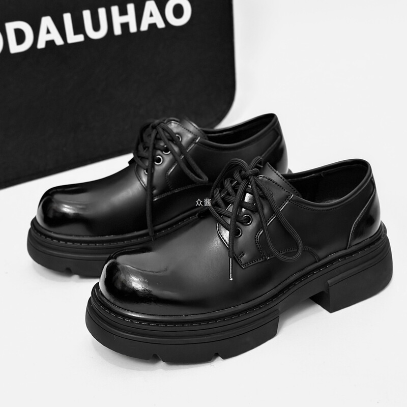 Paris Derby Shoes for Men, Thick-Soled, with a Hidden 8cm Height Increase, Round-Toe, Large-Toe Style, British Style, Black, Height-Increasing Casual Leather Shoes