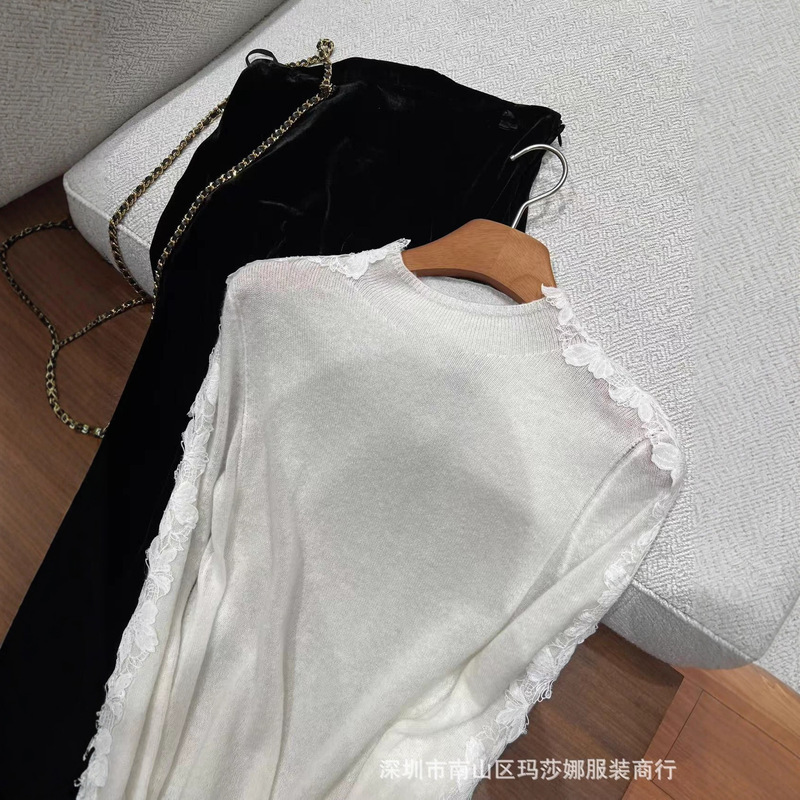 毛衣25秋季新款羊毛蕾丝拼接纯色长袖针织衫修身显瘦气质女上衣女|undefined