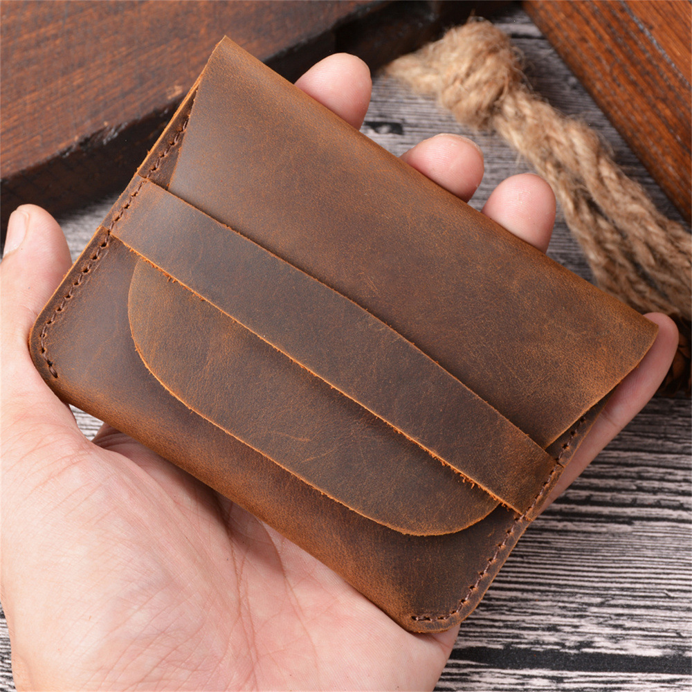 Vintage Handmade Genuine Leather Mini Small Wallet Student Women's Short Cowhide Bag Wearing Card Bag Men's Crazy Horse Leather Coin Bag