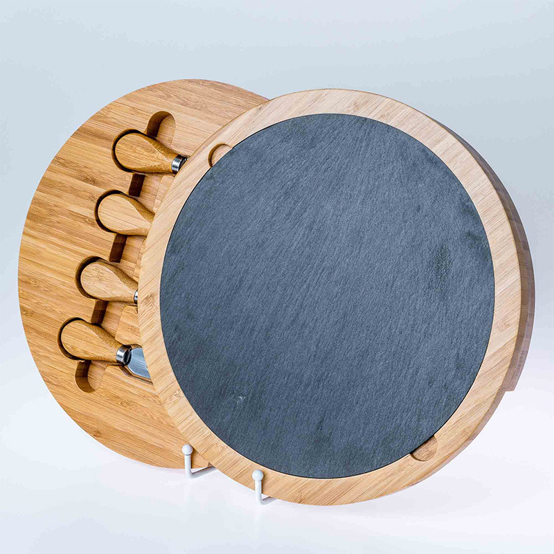 Juego de tabla de queso de bambú Tablero de queso giratorio redondo Tablero de cortar con cuchillo Bistec Pan Fruta Dim Sum Platos