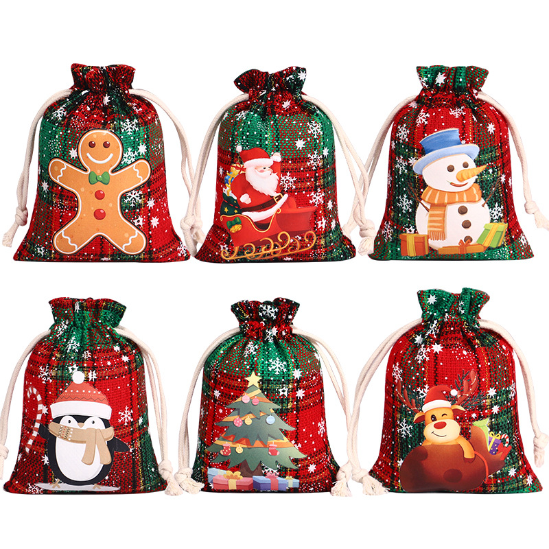 Bolsa de algodón a cuadros de Navidad con cordón Bolsa de embalaje de regalo de caramelo de Navidad Calendario de Adviento bolsa pequeña al por mayor