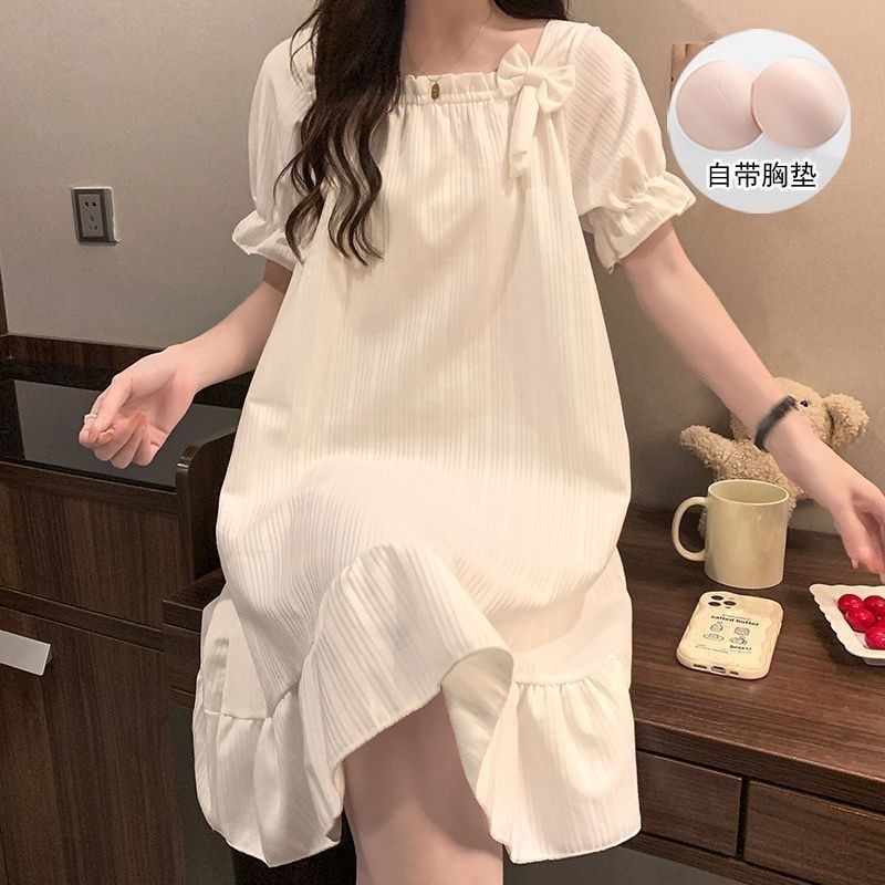 睡裙女夏季睡衣短袖带胸垫薄款可爱花朵宽松新款可外穿夏天家居服|undefined