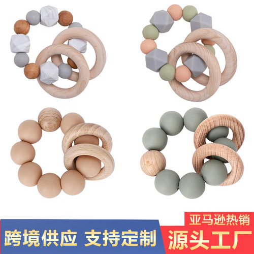 New Amazon Baby Beech Wood Teether Silicone Baby Chew Ring DIY Bracelet Chewing Toy for Export