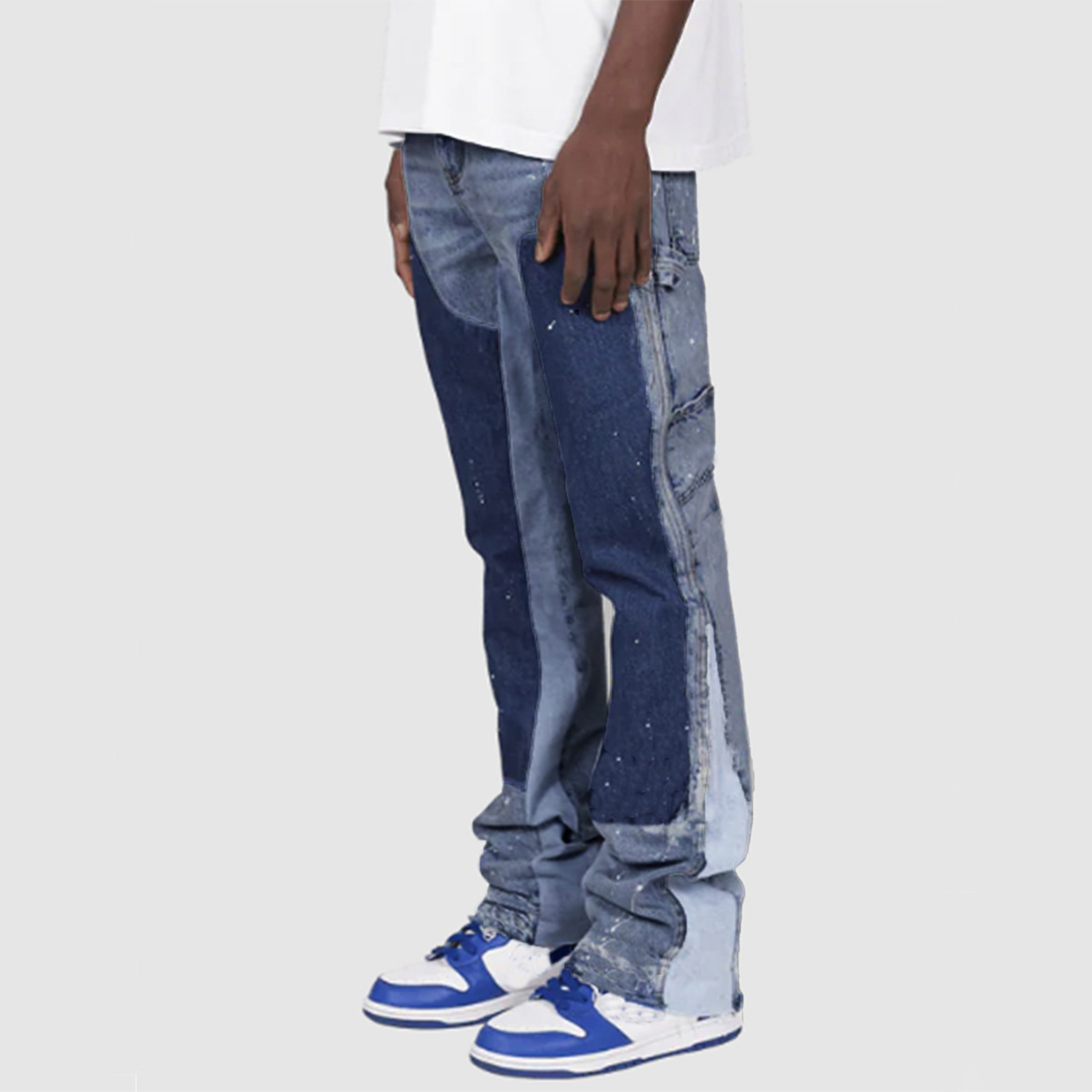 Men's Denim Overalls Fashion Elastic Patch Flared Jeans_voghion.com