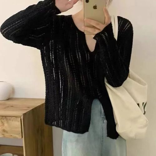 Women's Spring Fashion Design-Sensitive Unconventional Open-Needle Knit Sweater, Versatile V-Neck Lattice Thin Sunshade Cover-Up Top, Unique Style