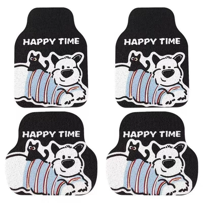 Cartoon Cute Versatile Silk: Avtomobil döşəmə paspasları - black-background-puppy-pattern-front-row-rear-row-complete-set-4-pieces-silk-loop-5060cm-2-pieces-5050cm-2-pieces