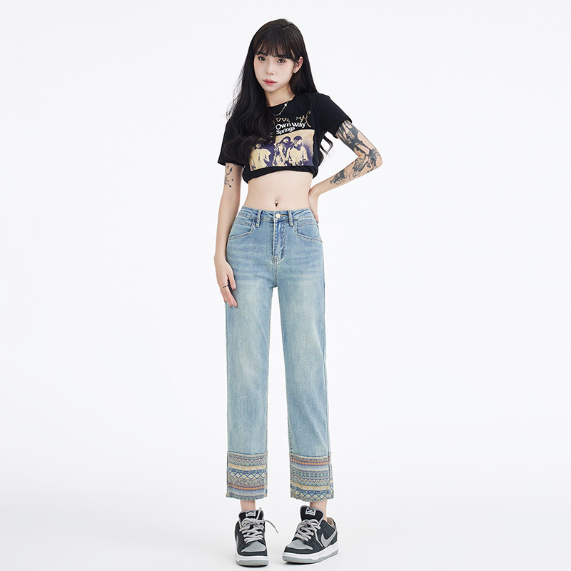 Thin Material Denim Pipe Pants Women's Summer Pants Retro Printed Ethnic Style Casual Baguette Pants Straight Cropped Pants