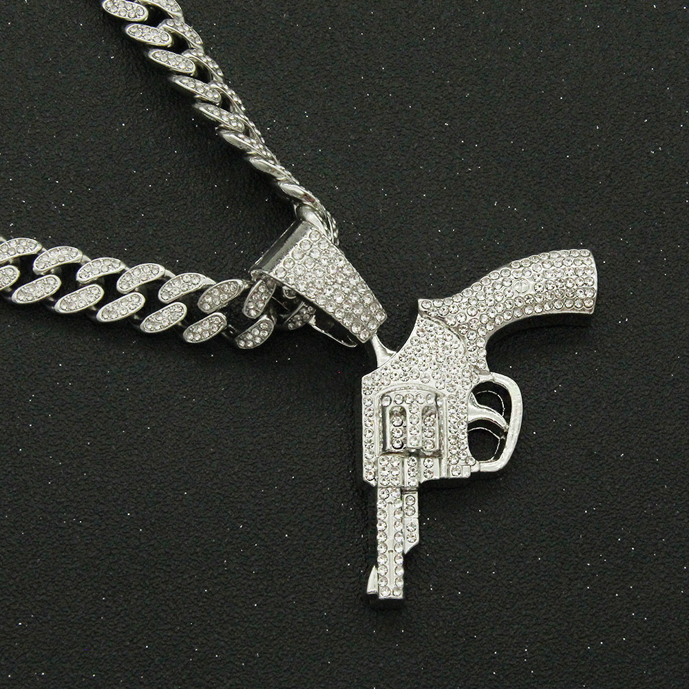 Fashion Full Diamond Gun Pendant Cuban Chain Alloy Necklace display picture 3