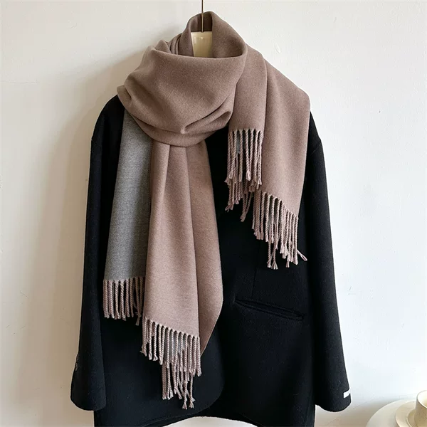 Simple Solid Color Faux Cashmere Scarf for Men and Women, Winter Thickened Warm Double-Sided Dual-Color Versatile Tassel Shawl with Core Yarn