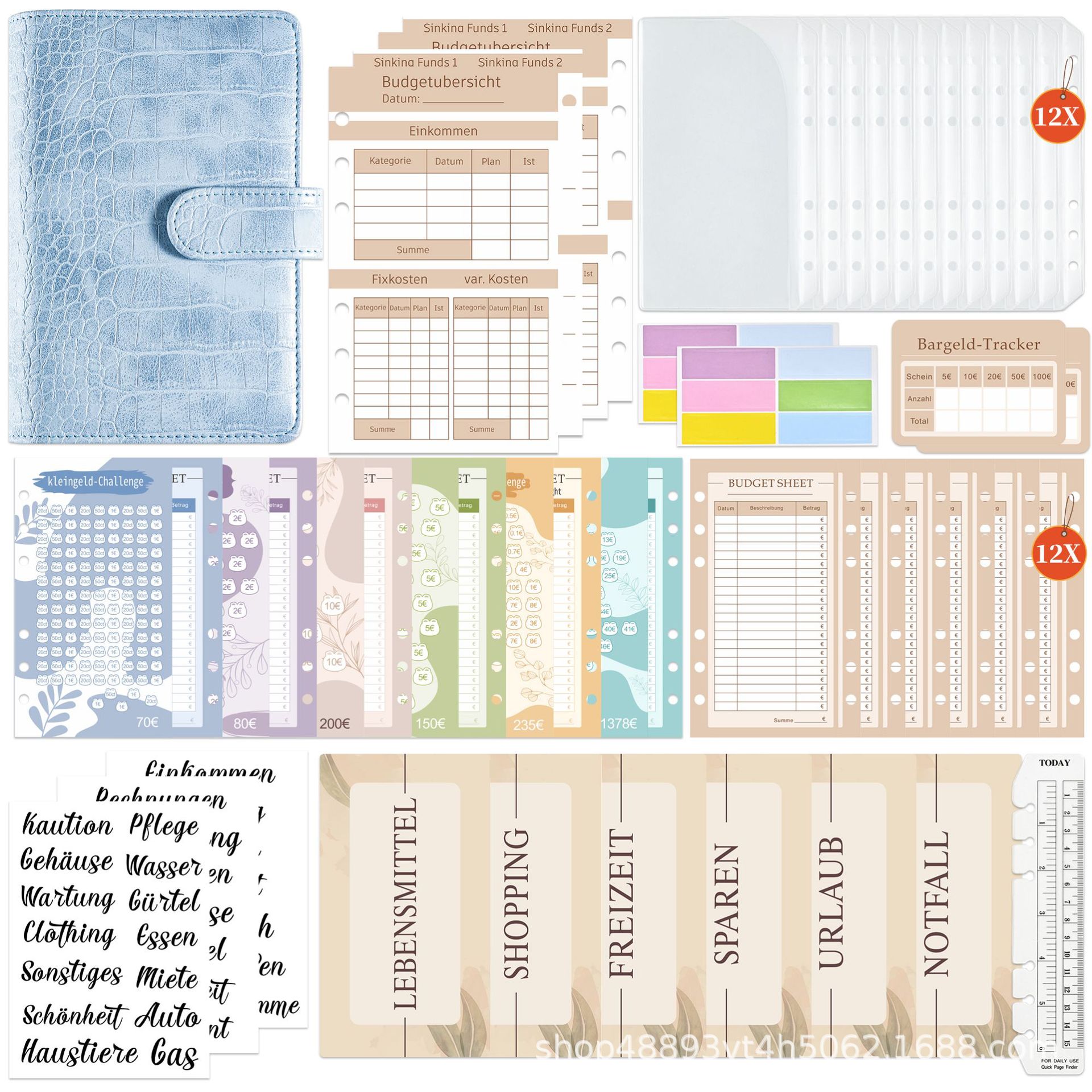 Patrón de cocodrilo-azul: bolsillo abierto 12 + Tarjeta de ahorro 1 juego + Regla 1 + 6 etiquetas 2 + etiqueta alemana 3