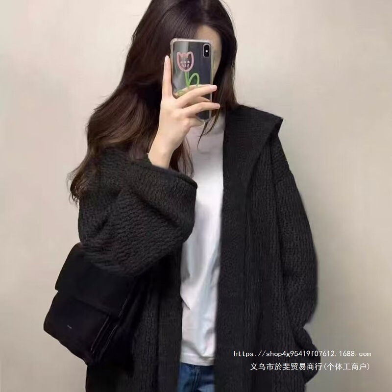 Stylish Long Curled Hem Hooded Coat for Women, Fall/Winter 2026, Elegant and Relaxed Style, Gray Casual Knit Cardigan Stylish Long Curled Hem Hooded Coat for Women, Fall/Winter 2026, Elegant and Relaxed Style, Gray Casual Knit Cardigan