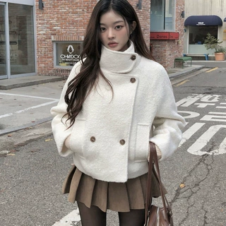 韩国2026冬季新品毛呢双排扣短款毛呢夹棉里保暖外套上衣女装