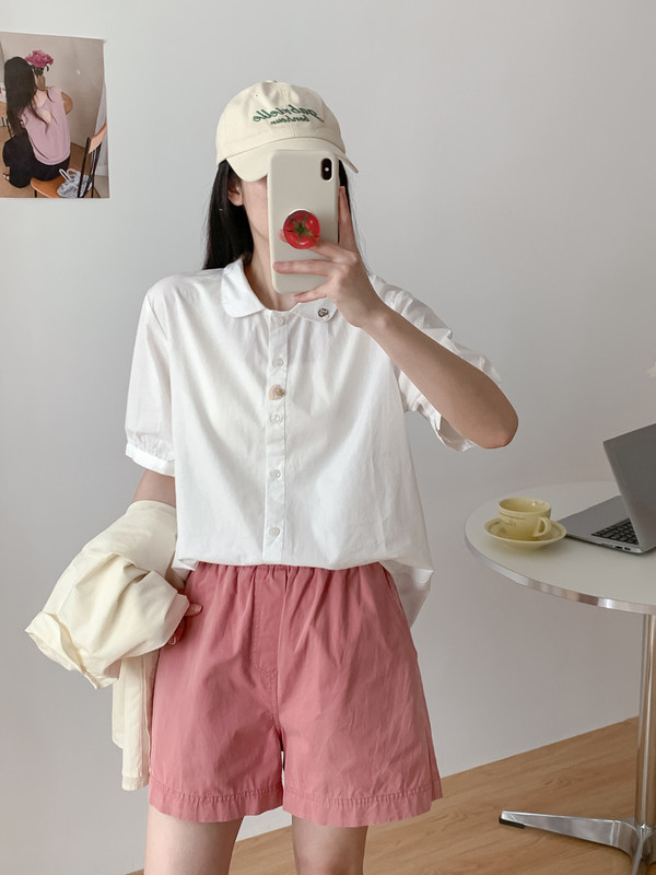 2025 Summer Clothes Japanese Style Embroidered Mushroom Decoration Loose Women's Cardigan Short-Sleeved White Shirt Wholesale