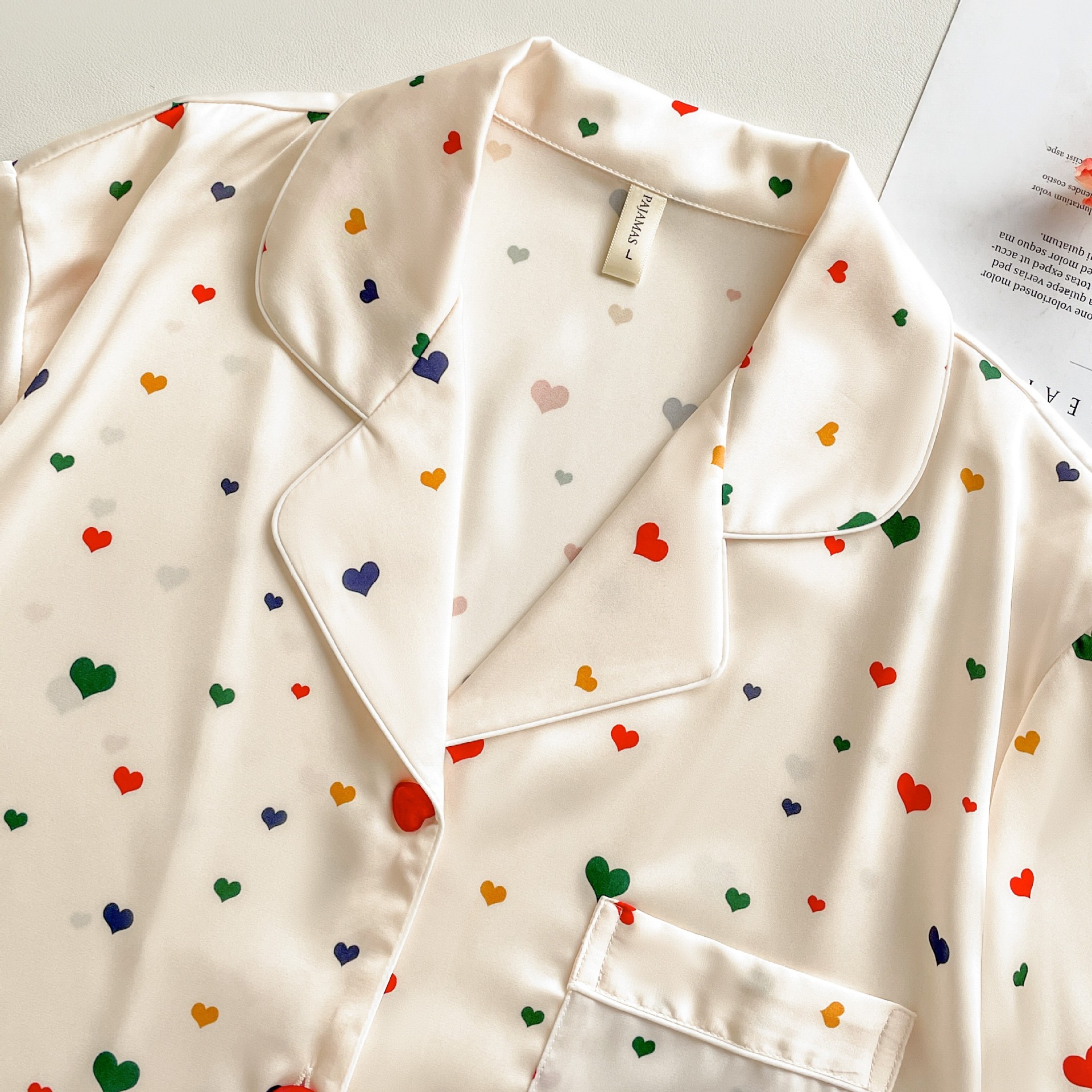 Pijama de seda fría con estampado de corazones, set de 3 piezas, ligero para verano