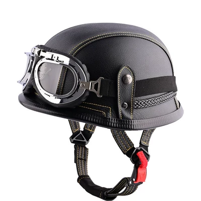 Helmet Retro Cruiser Motorcycle Half Helmet: Motosiklet kaskı (dəbilqə) - black-and-yellow-line-transparent-goggles-m