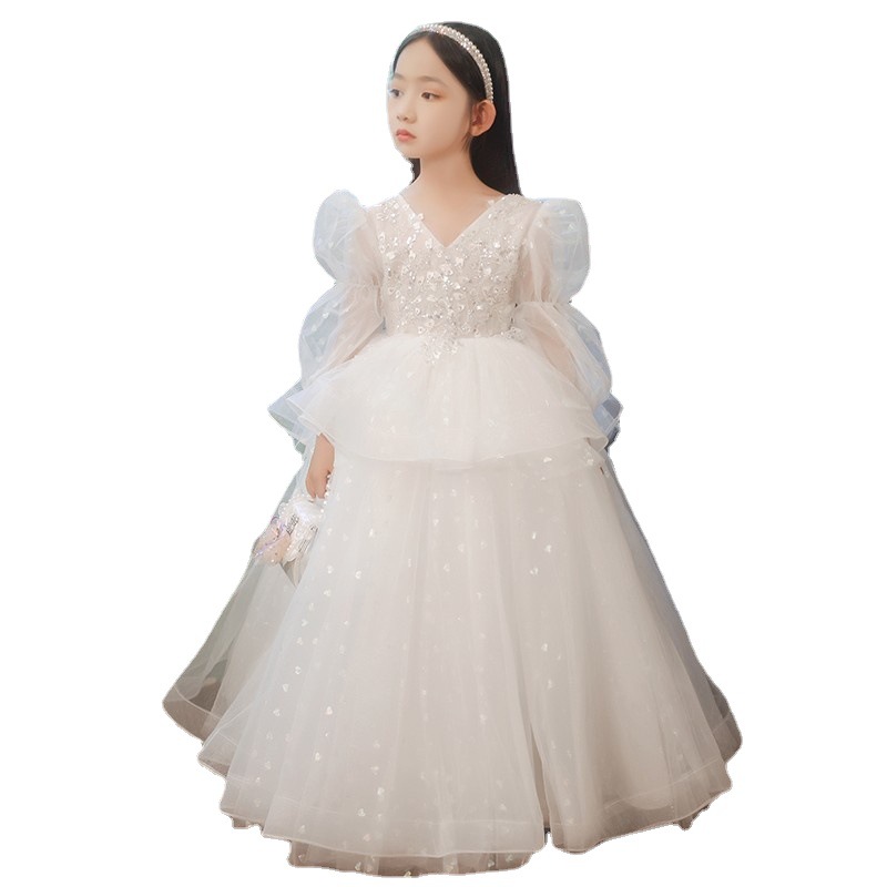 Girl's Princess Dress With Pearl Embroidery - Elegant Choir Wedding Party Birthday Piano Performance Gown For Little Flower Girls_voghion.com