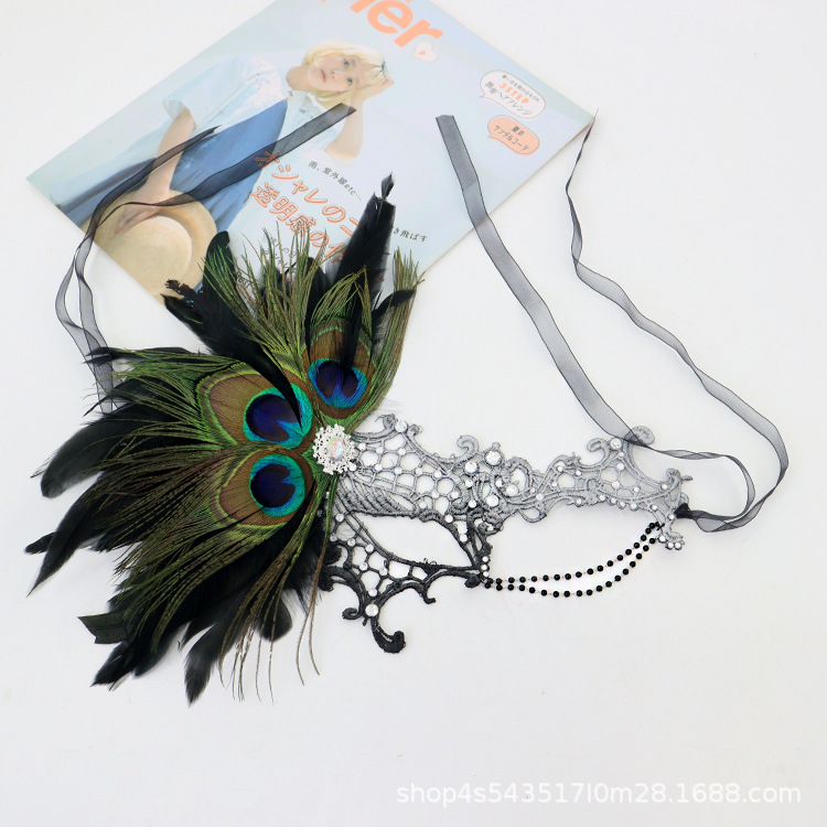 Nuevo diseño transfronterizo de cuentas elegantes máscaras de encaje plumas de pavón decoración mascaradas máscaras de fiesta