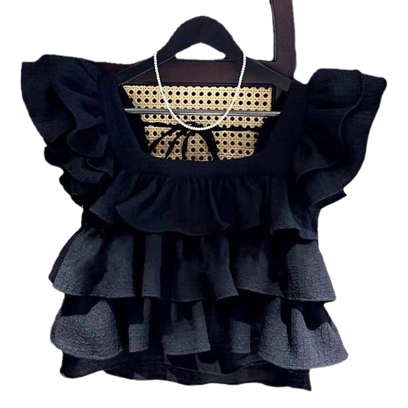 Niñas 2020 verano nuevo estilo coreano color sólido oreja de madera manga voladora cuello cuadrado camisa medio y grande niños moda chaleco moda