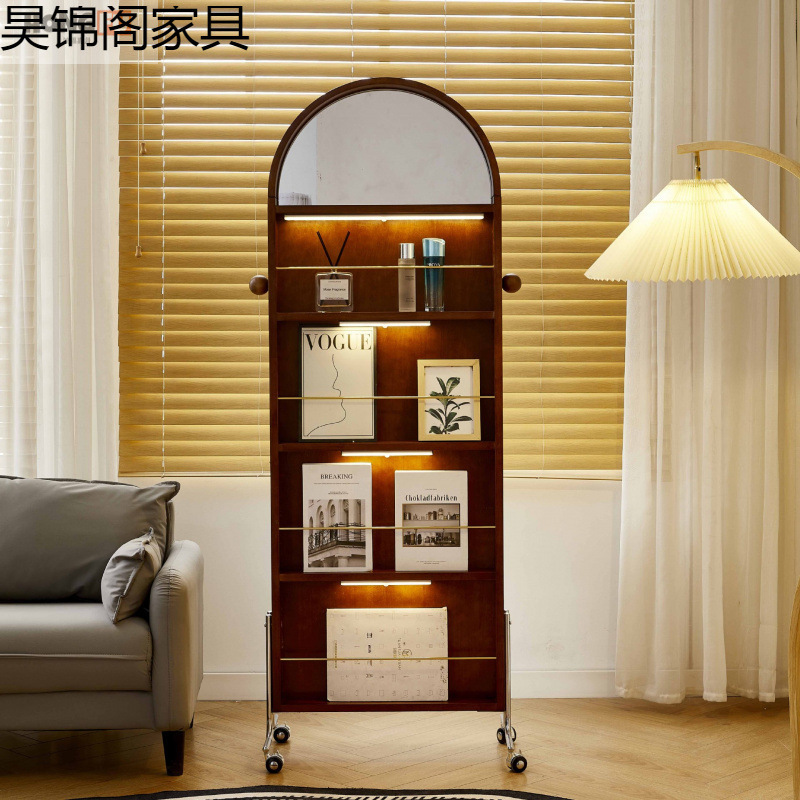 中古实木可移动全身镜家用置物架杂志架复古落地旋转穿衣镜全身镜|undefined
