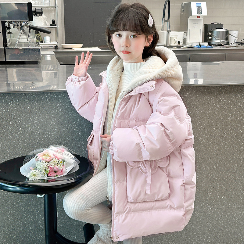 2025 子供服偽ツーピースガールズシーズン新ダウンコットンジャケットミッドレングス厚く暖かいフード付きジャケットと中綿ジャケット|undefined