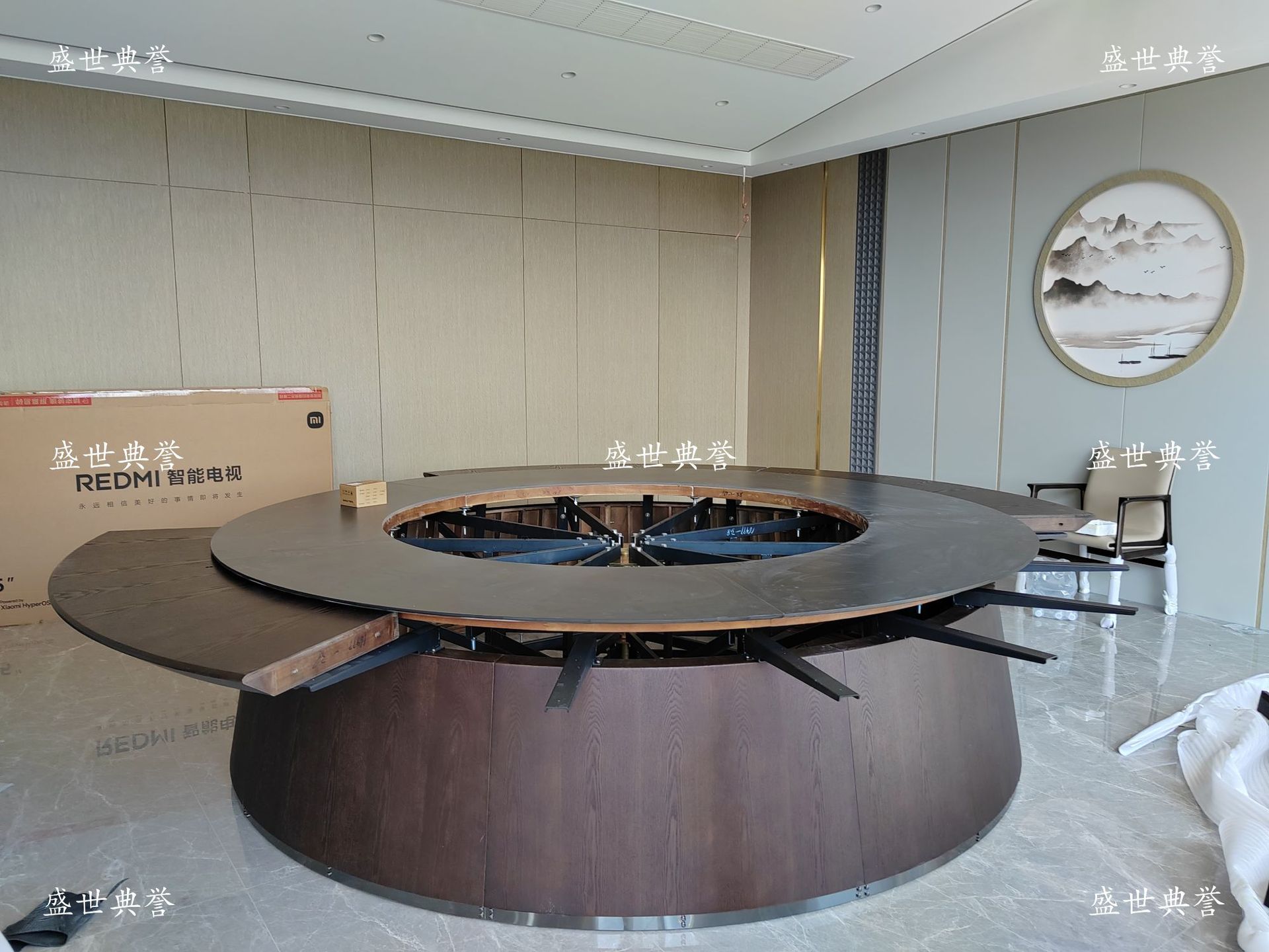 Zaozhuang hotel comedor muebles centro de convenciones caja de madera sólida mesa de comedor eléctrica silla club 20 personas mesa redonda eléctrica grande pic 5